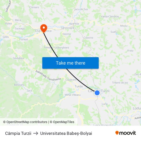 Câmpia Turzii to Universitatea Babeș-Bolyai map