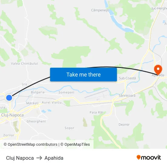 Cluj Napoca to Apahida map