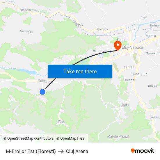 M-Eroilor Est (Florești) to Cluj Arena map