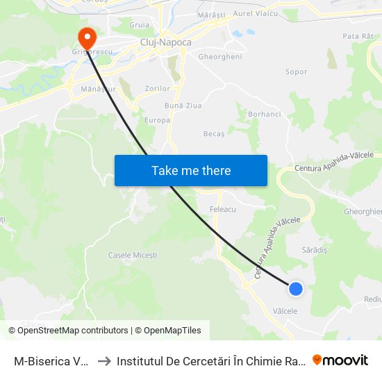 M-Biserica Vâlcele to Institutul De Cercetări În Chimie Raluca Ripan map