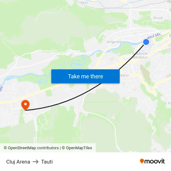 Cluj Arena to Tauti map