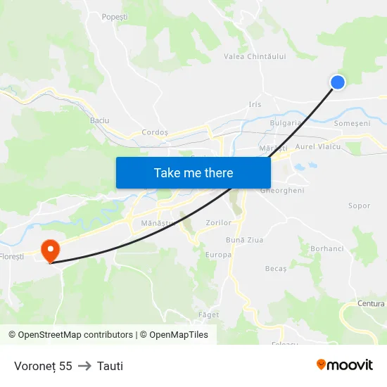Voroneț 55 to Tauti map