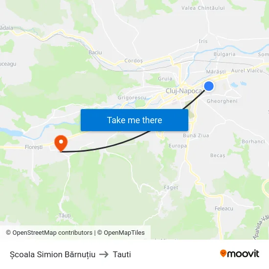 Simion Bărnuțiu to Tauti map