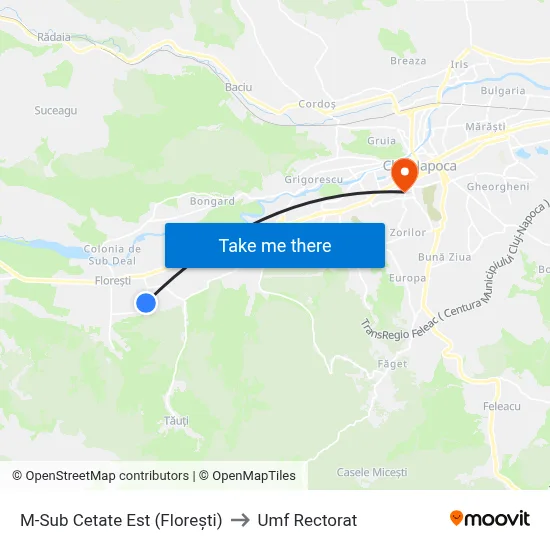 M-Sub Cetate Est (Florești) to Umf Rectorat map