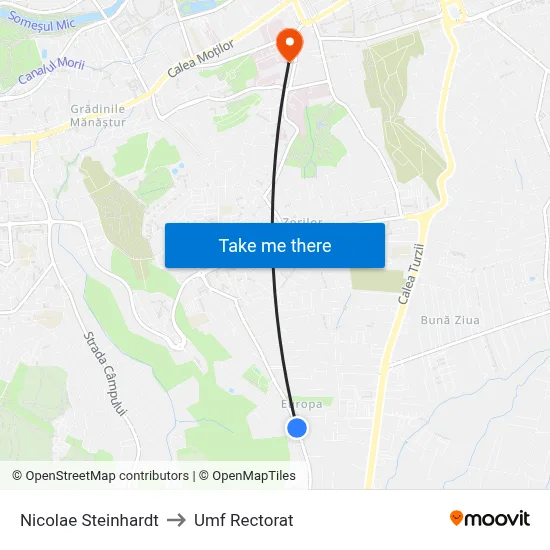 Nicolae Steinhardt to Umf Rectorat map