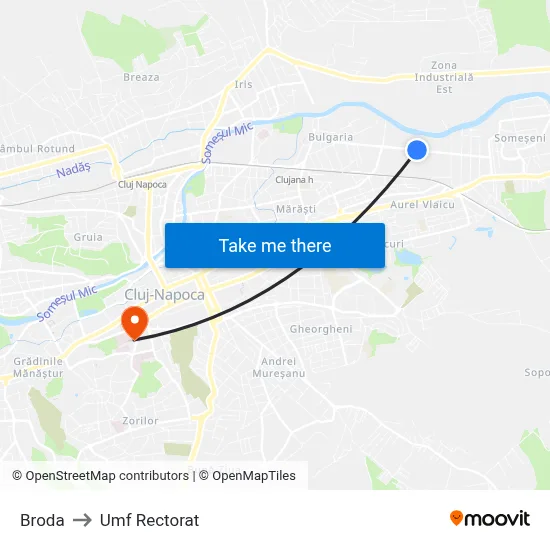 Broda to Umf Rectorat map