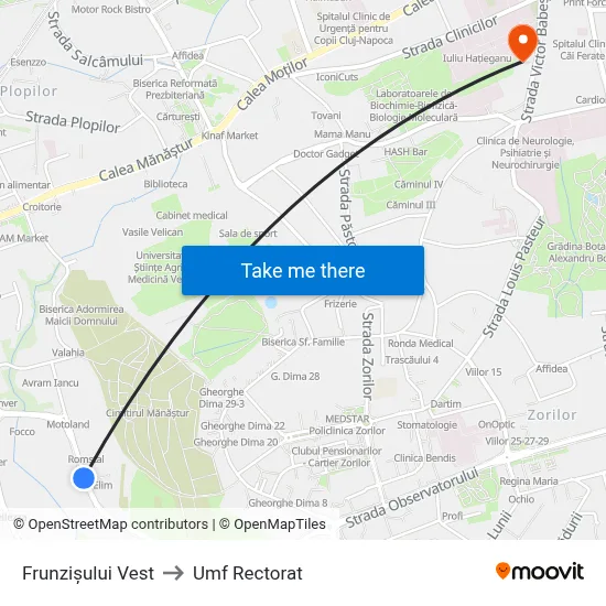 Frunzișului Vest to Umf Rectorat map