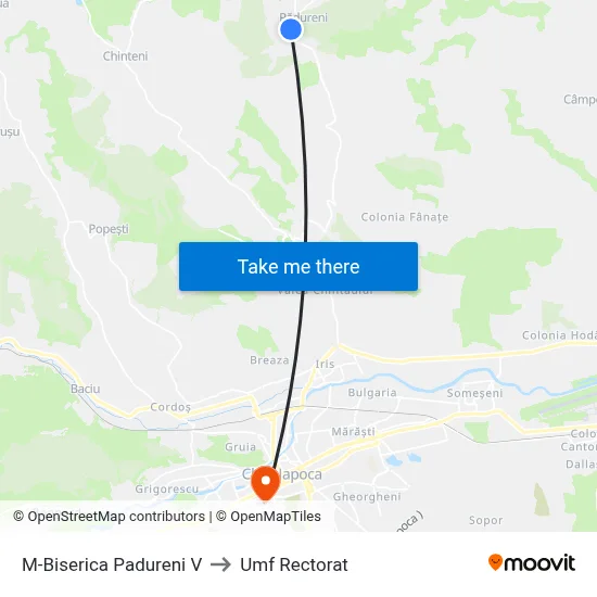 M-Biserica Padureni V to Umf Rectorat map