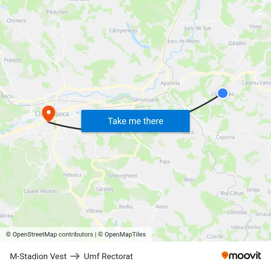 M-Stadion Vest to Umf Rectorat map