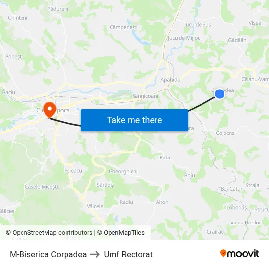 M-Biserica Corpadea to Umf Rectorat map