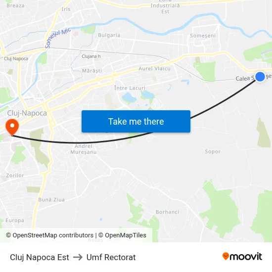 Cluj Napoca Est to Umf Rectorat map