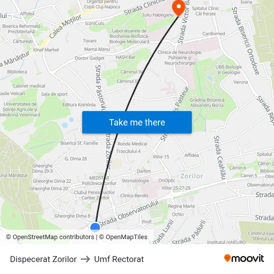 Dispecerat Zorilor to Umf Rectorat map