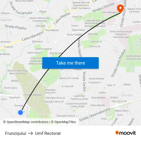 Frunzișului to Umf Rectorat map