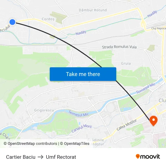 Cartier Baciu to Umf Rectorat map