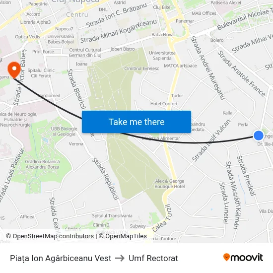 Piața Ion Agârbiceanu Vest to Umf Rectorat map