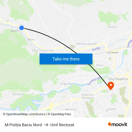 M-Poliția Baciu Nord to Umf Rectorat map