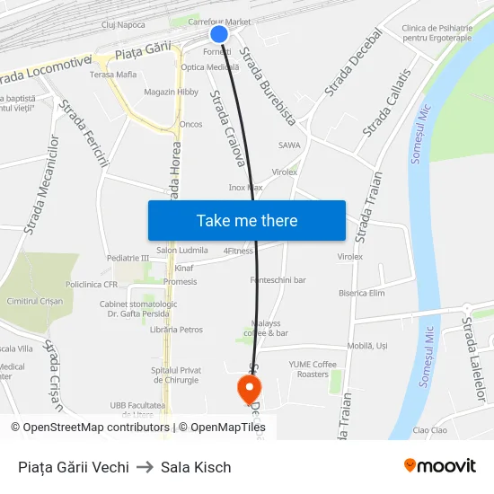 Piața Gării Vechi to Sala Kisch map
