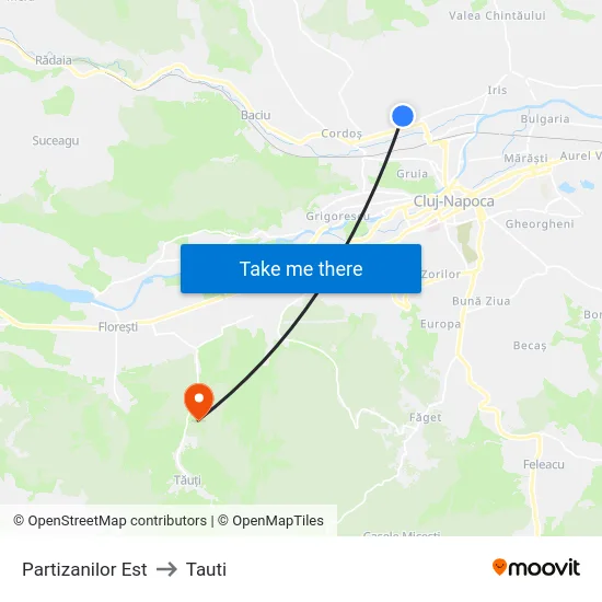Partizanilor Est to Tauti map