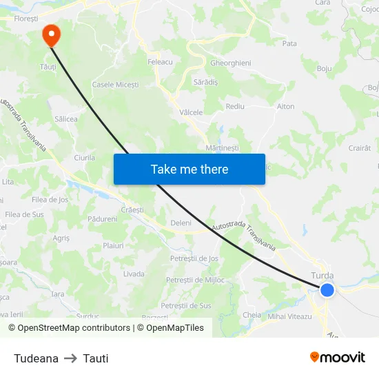 Tudeana to Tauti map