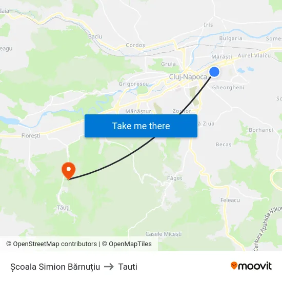 Simion Bărnuțiu to Tauti map