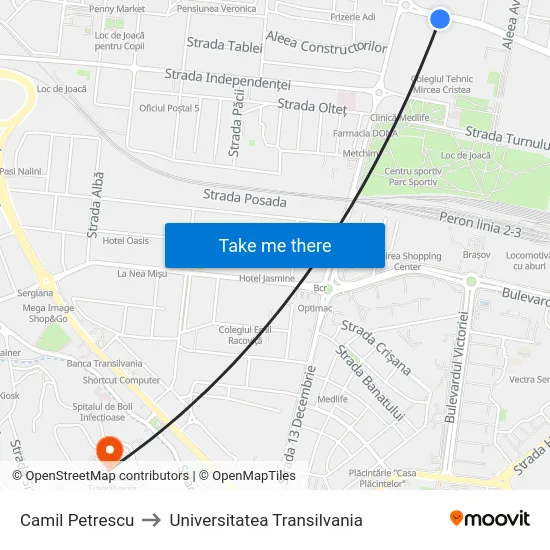 Camil Petrescu to Universitatea Transilvania map