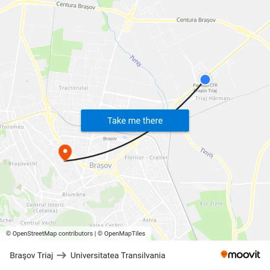 Braşov Triaj to Universitatea Transilvania map