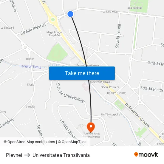 Plevnei to Universitatea Transilvania map
