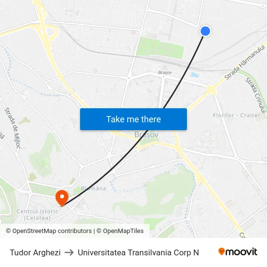 Tudor Arghezi to Universitatea Transilvania Corp N map