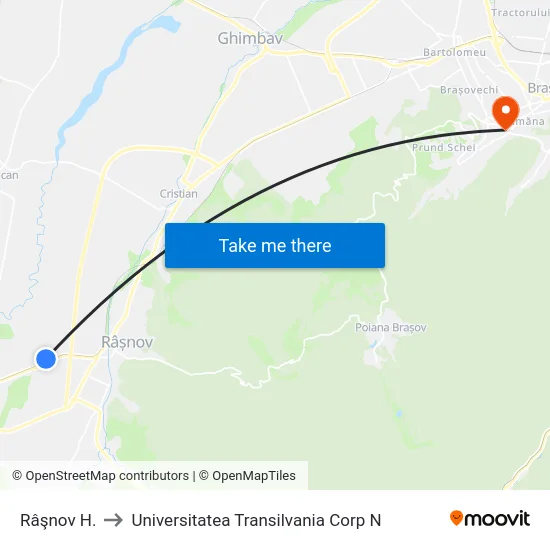 Râşnov H. to Universitatea Transilvania Corp N map