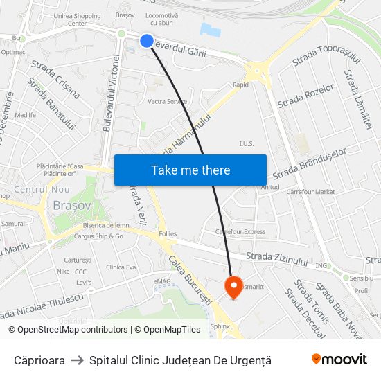 Căprioara to Spitalul Clinic Județean De Urgență map