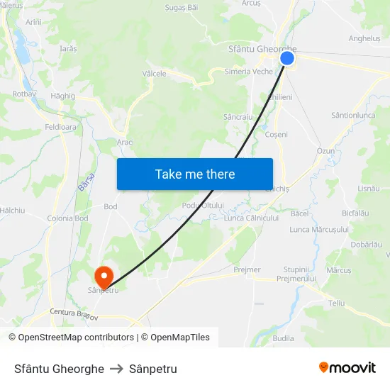 Sfântu Gheorghe to Sânpetru map
