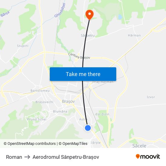 Roman to Aerodromul Sânpetru-Brașov map