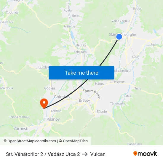 Str. Vânătorilor 2 /  Vadász Utca 2 to Vulcan map