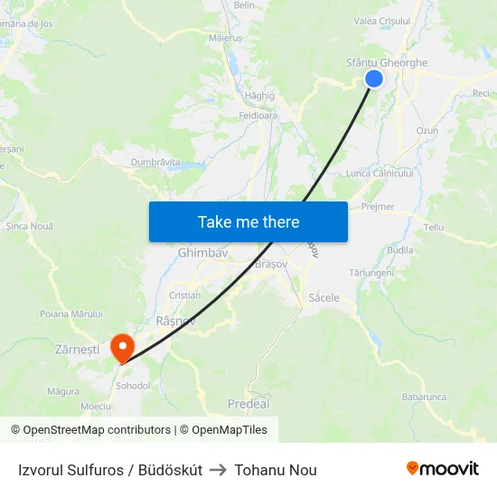 Izvorul Sulfuros / Büdöskút to Tohanu Nou map