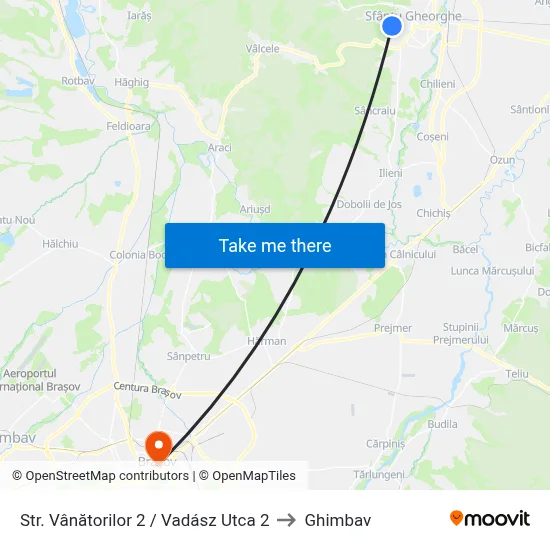 Str. Vânătorilor 2 /  Vadász Utca 2 to Ghimbav map