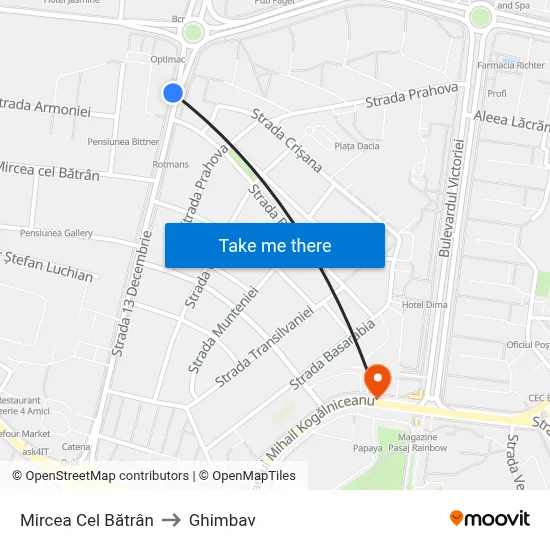 Mircea Cel Bătrân to Ghimbav map