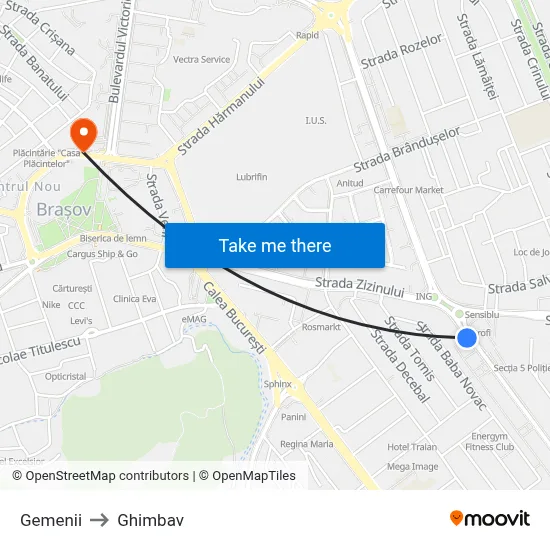 Gemenii to Ghimbav map