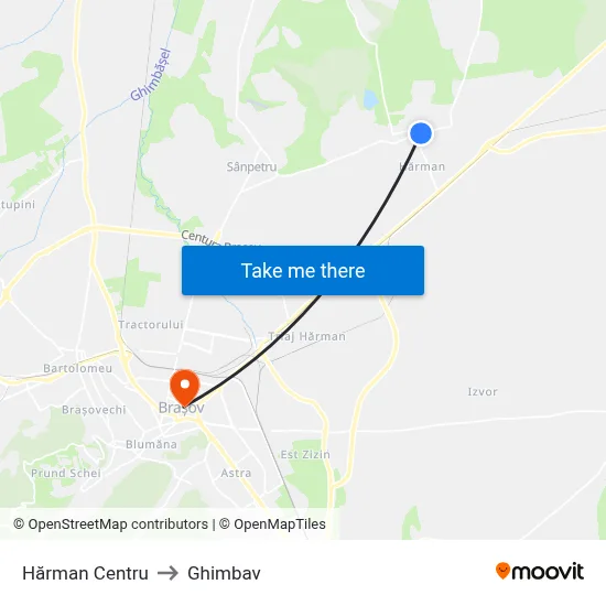 Hărman Centru to Ghimbav map