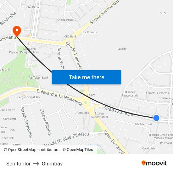 Scriitorilor to Ghimbav map