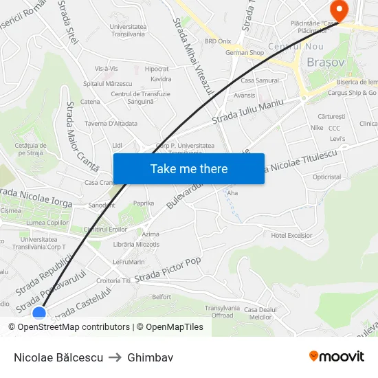 Nicolae Bălcescu to Ghimbav map