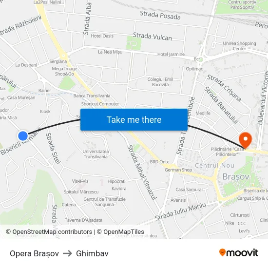 Opera Brașov to Ghimbav map