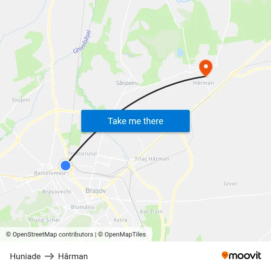 Huniade to Hărman map