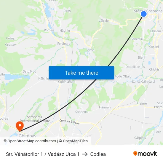 Str. Vânătorilor 1 /  Vadász Utca 1 to Codlea map