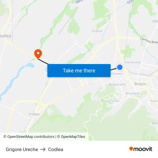 Grigore Ureche to Codlea map