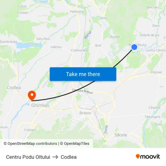 Centru Podu Oltului to Codlea map