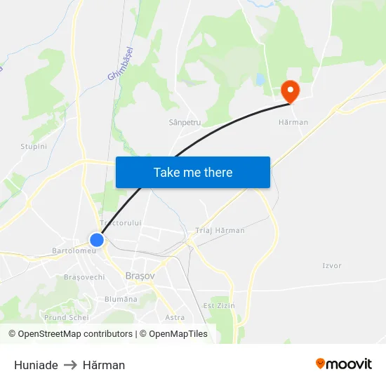 Huniade to Hărman map