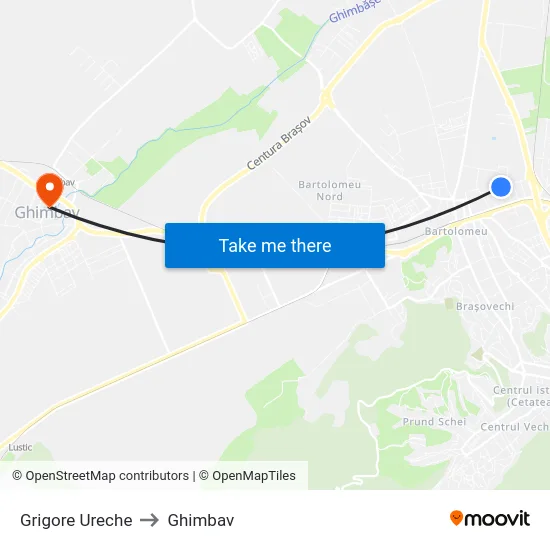 Grigore Ureche to Ghimbav map