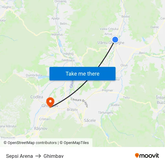 Sepsi Arena to Ghimbav map