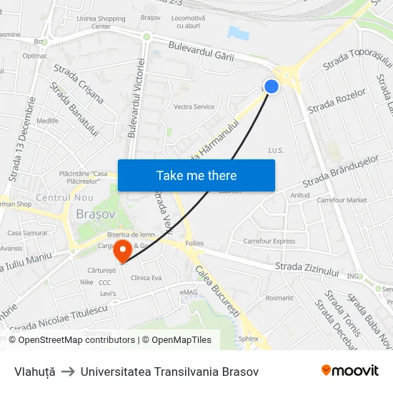 Vlahuță to Universitatea Transilvania Brasov map