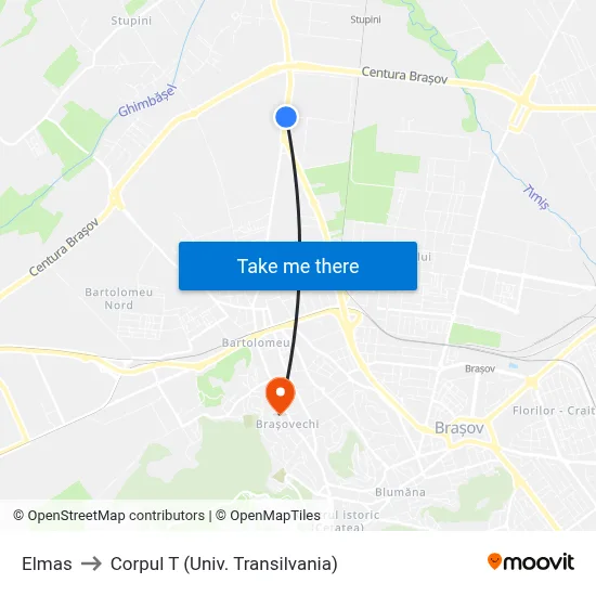 Elmas to Corpul T (Univ. Transilvania) map
